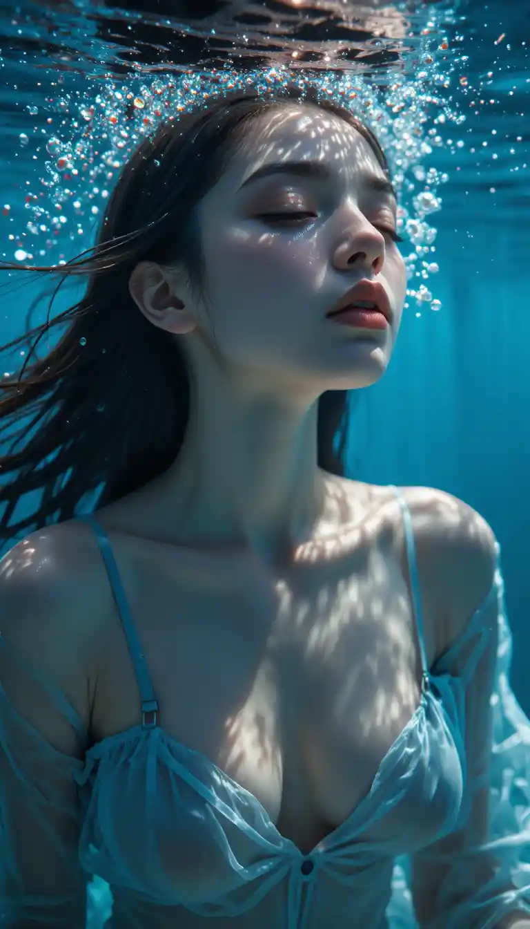 Serene underwater portrait of a woman in soft blue light