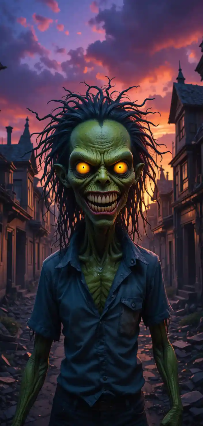 Unheimliches grünes Monster, das bei Sonnenuntergang eine zerstörte Stadt verfolgt