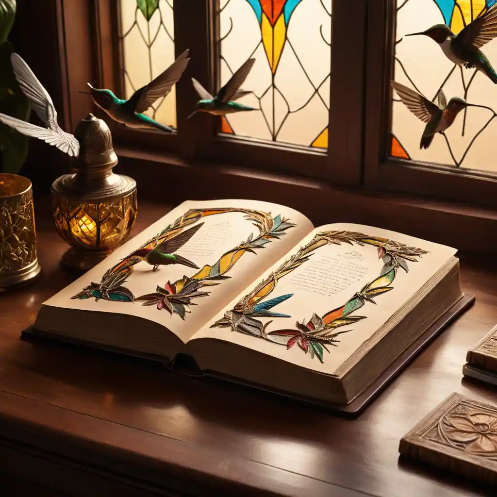 Open vintage book on desk in warm stained glass light
