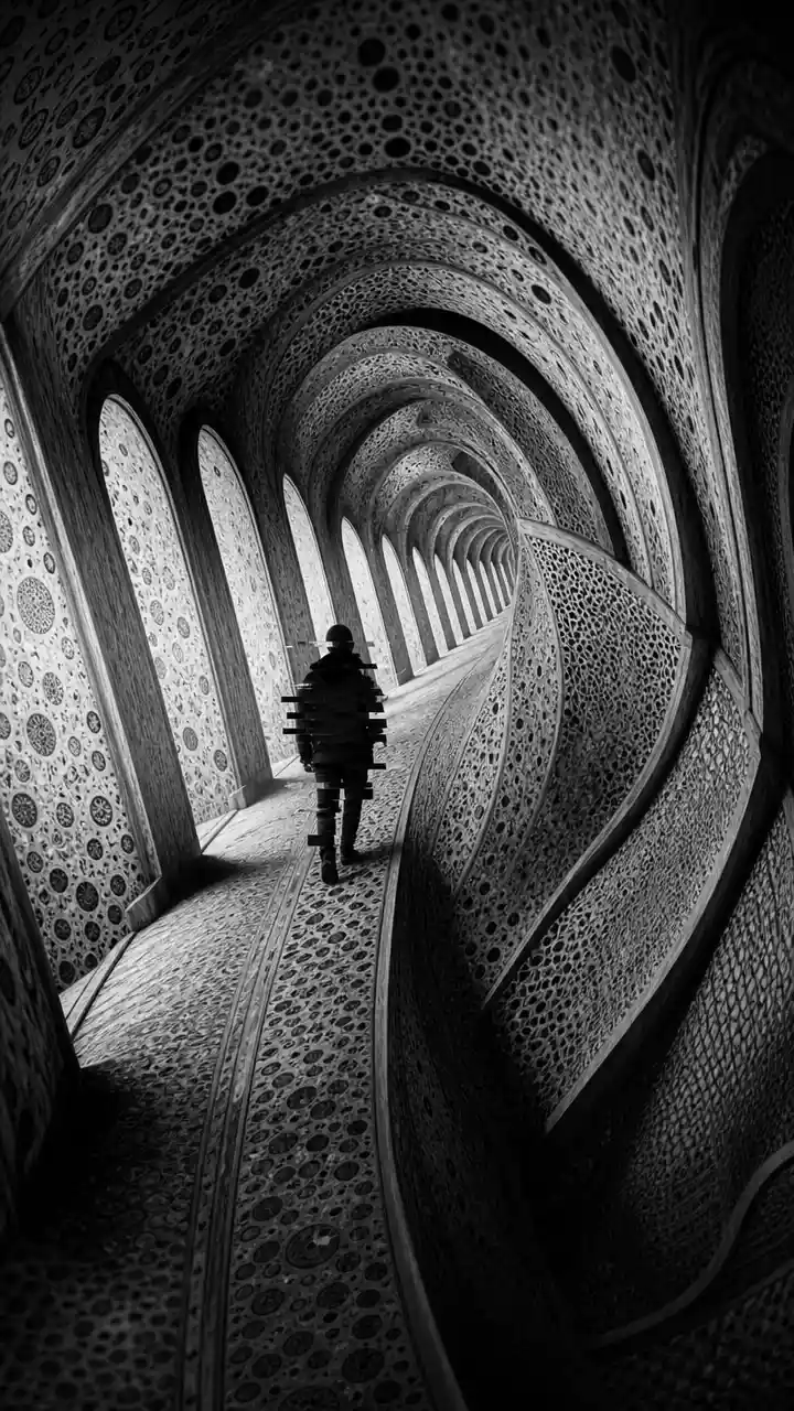 Surreal corridor of repeating arches bending in impossible ways