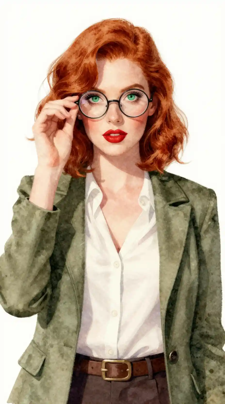 Confident redhead woman in vintage blouse and glasses