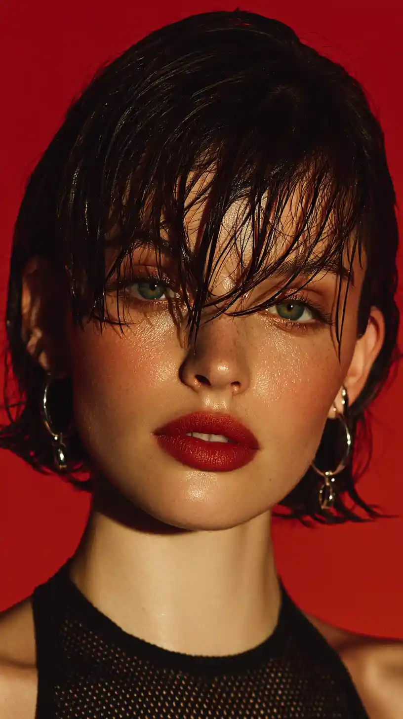 Confident beauty portrait with wet hair and bold lip