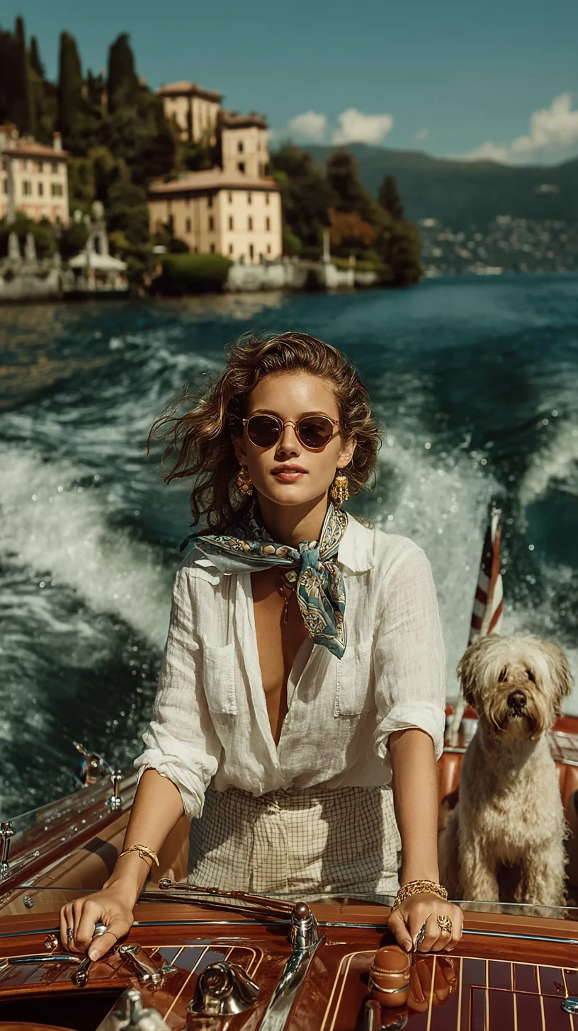 Elegant woman piloting vintage speedboat on Lake Como