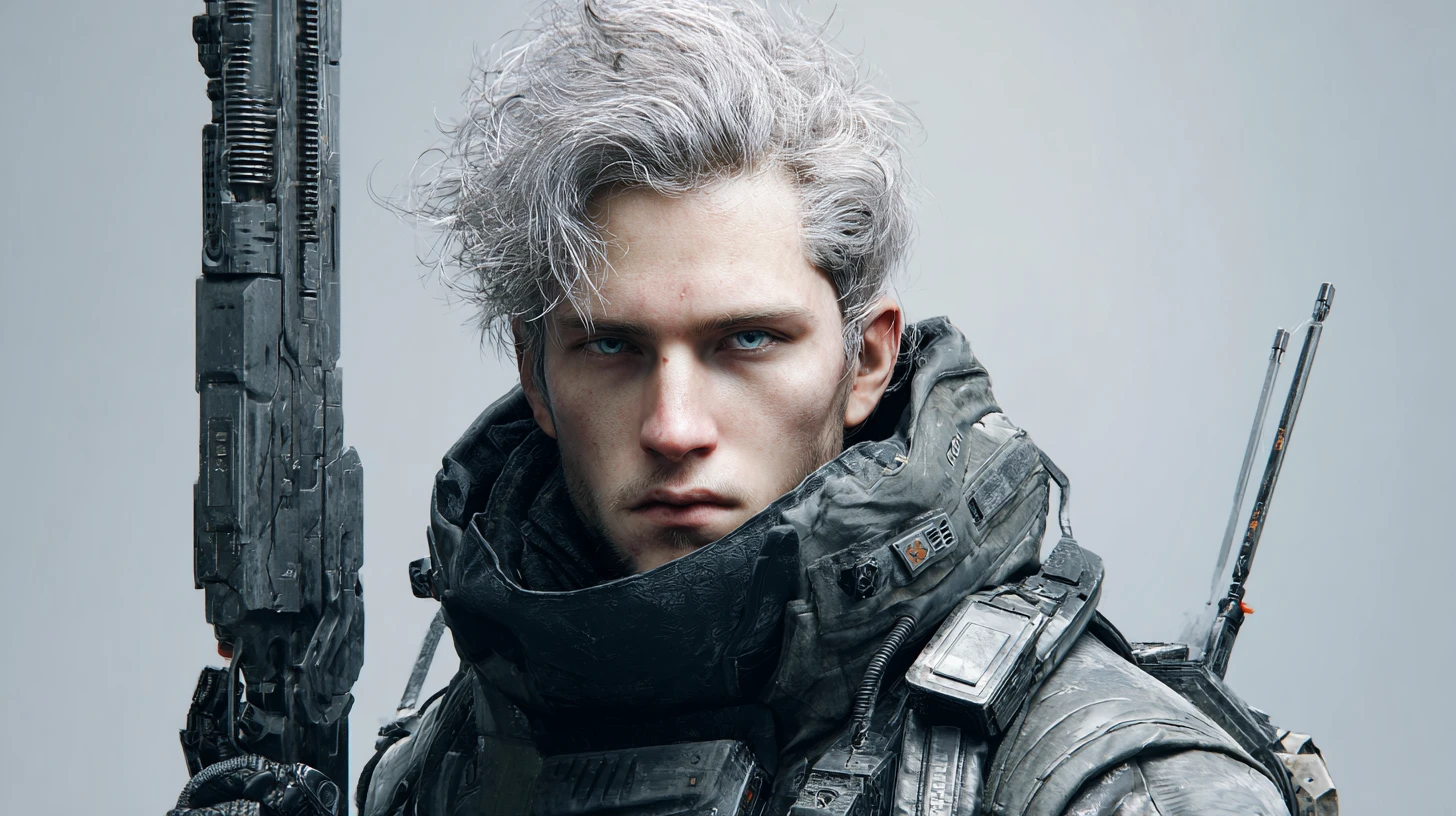 Close up sci fi explorer in tactical tech coat