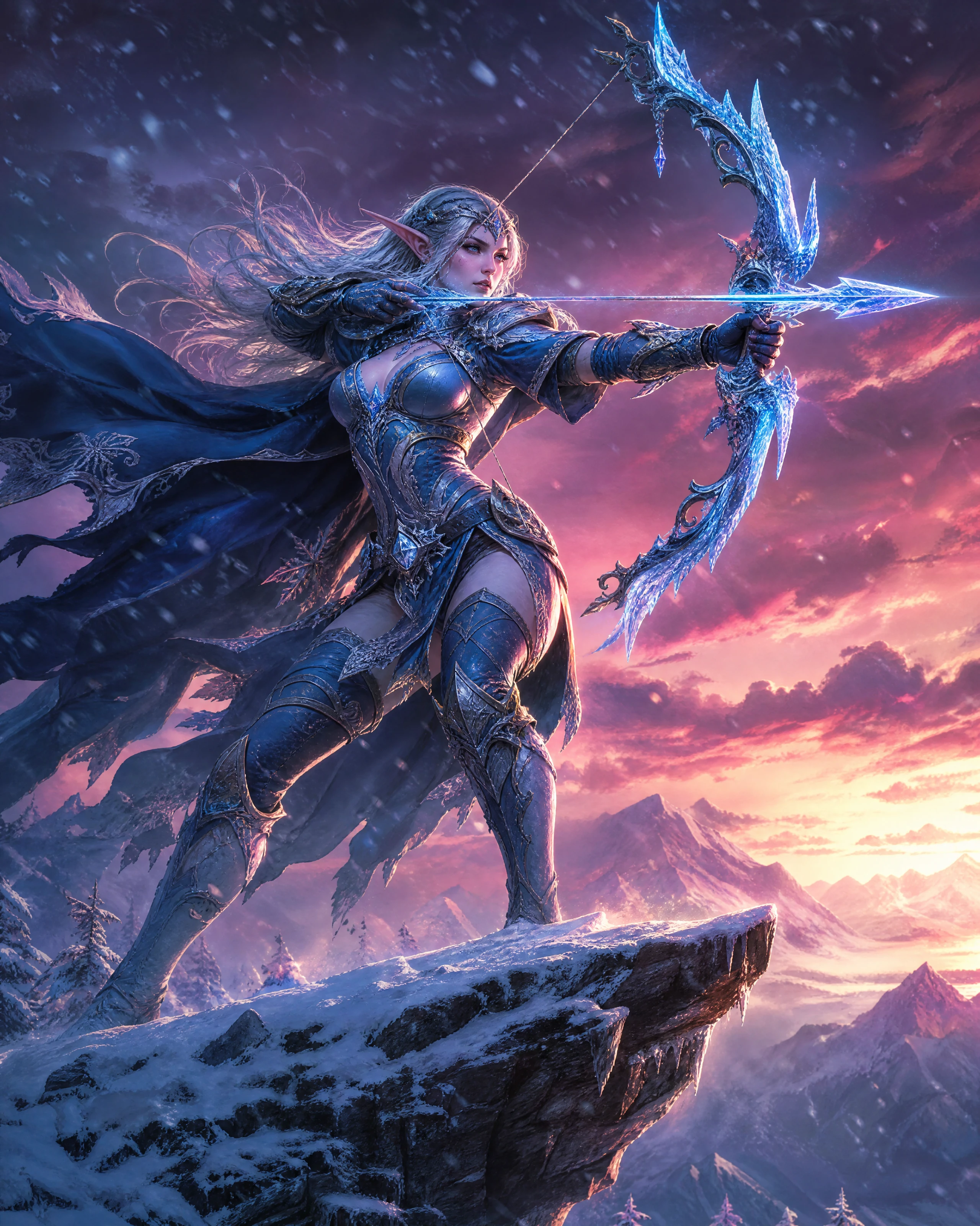 Winter elf archer aiming from a snowy cliff