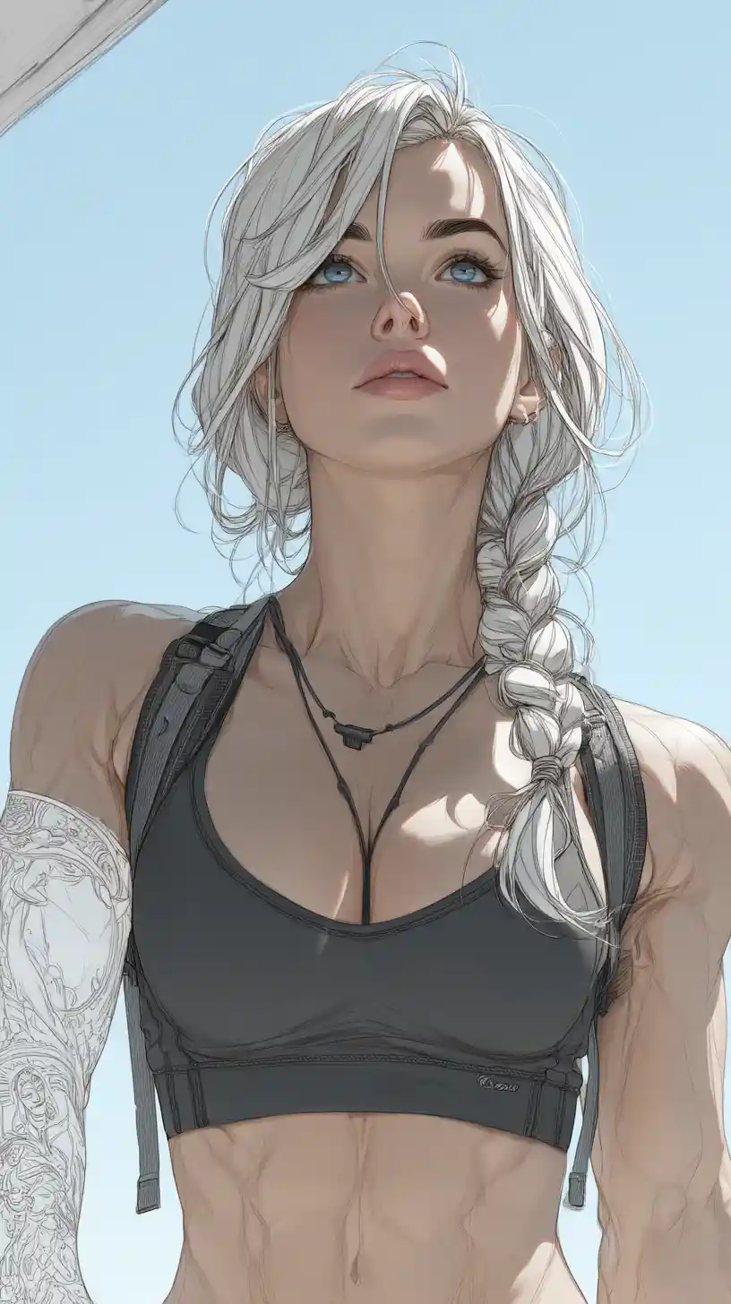 Muscular woman in futuristic armor posing by a pool at sunset