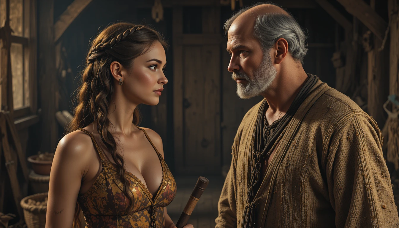 Woman and older man in rustic dim interior conversation