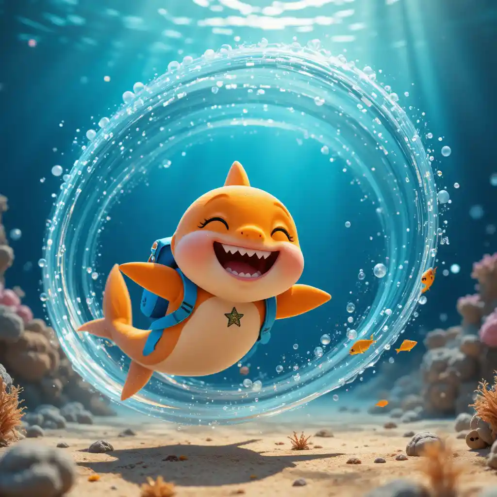 Cute 3D baby shark swirling playfully underwater