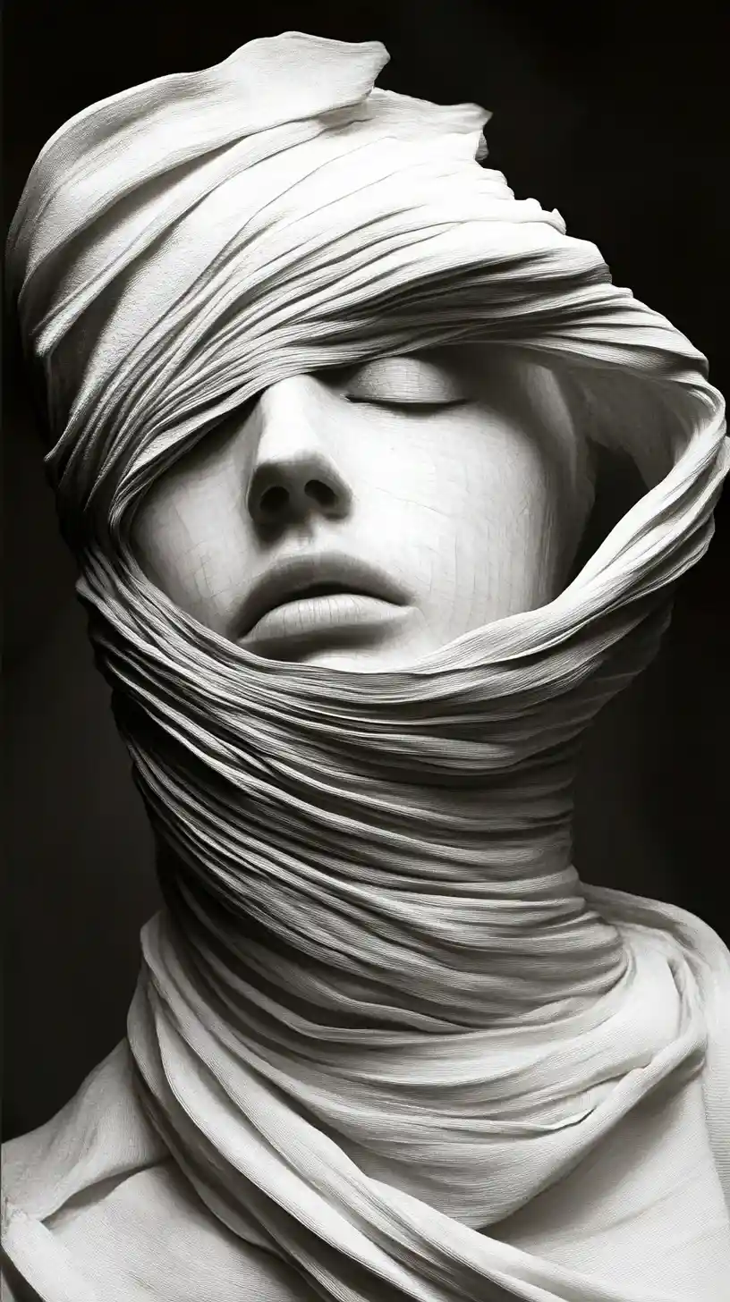 Surreal figure with folding face drawn into dark spiral center