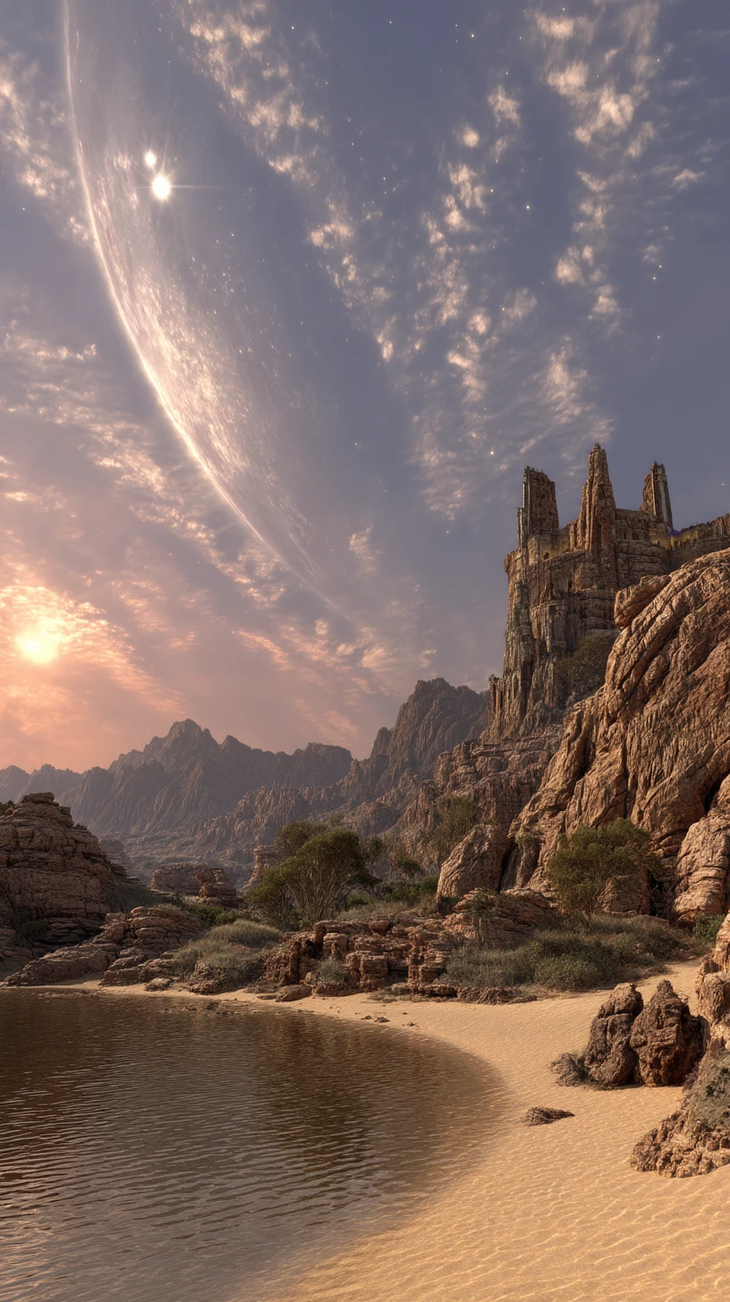 Surreal alien desert with colossal crystalline monument