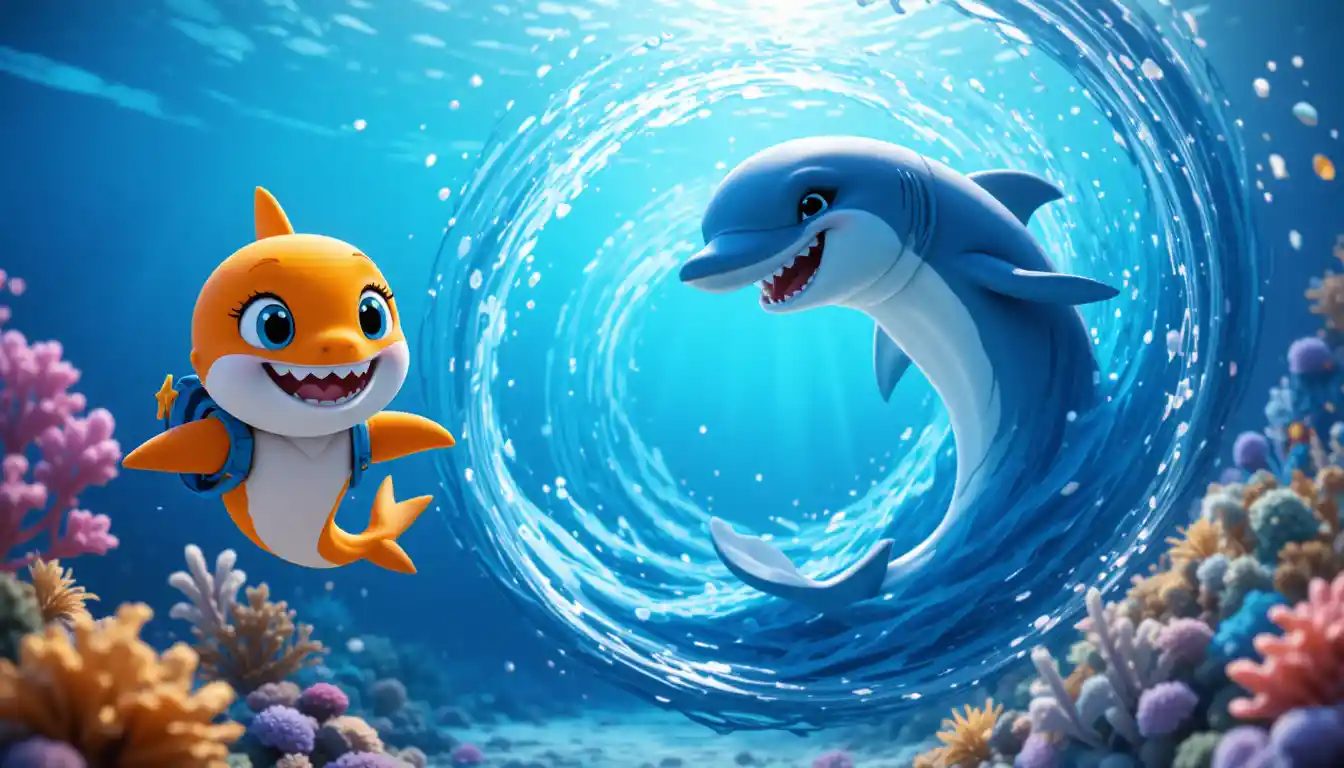 Cute 3D baby shark racing playfully underwater