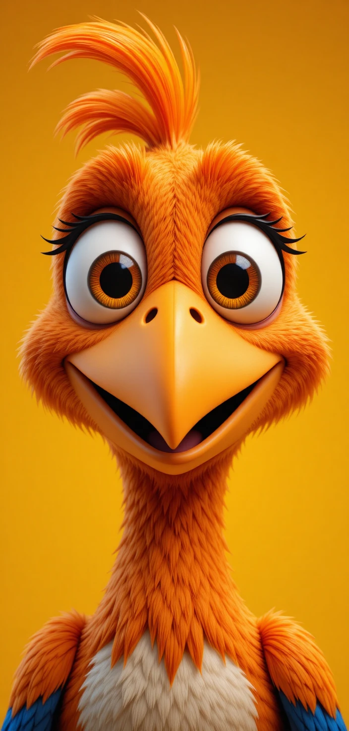 Close up 3D cartoon bird with bright orange feathers
