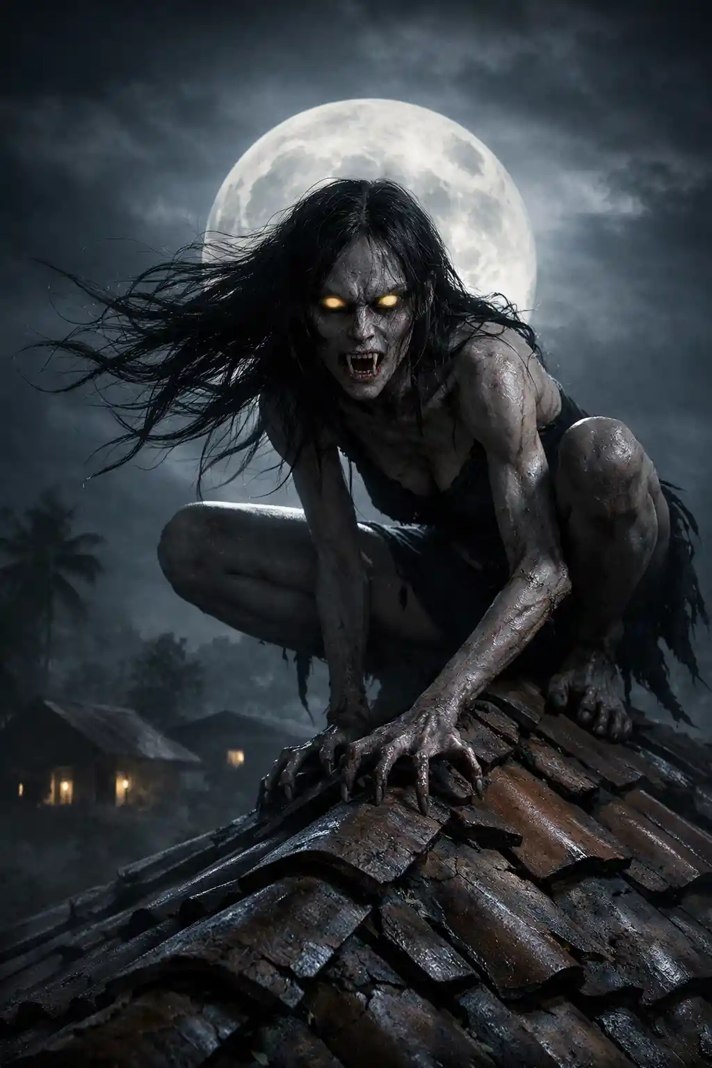 Monstrous Aswang Woman Crouching On A Moonlit Rooftop