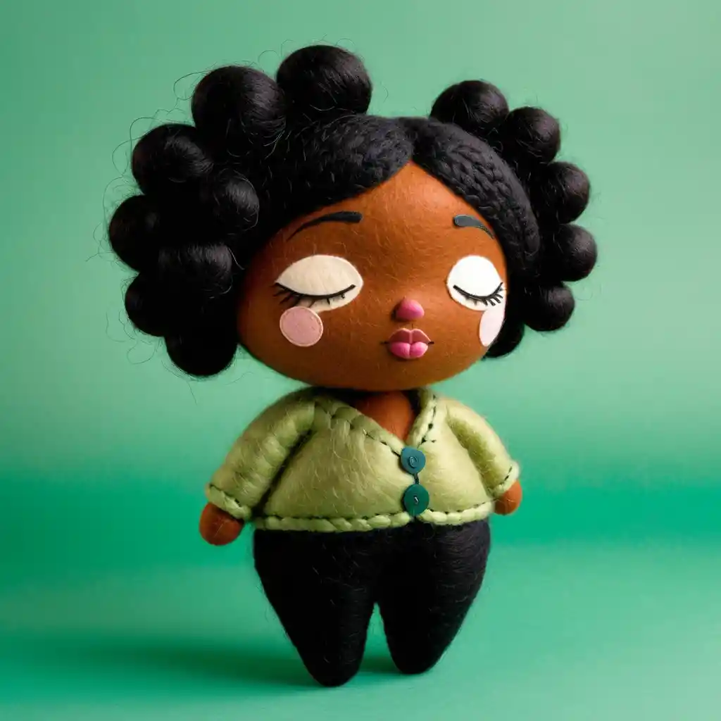 Curvy wool felt cartoon woman on dark cozy background