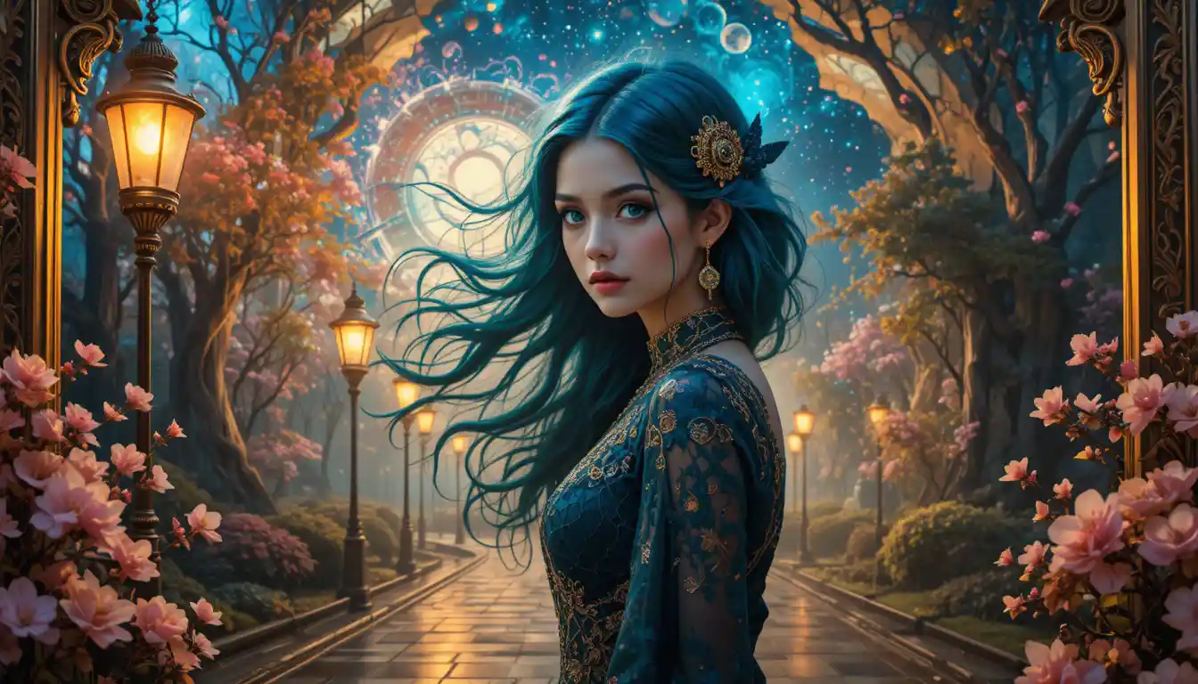 Mystical woman with teal hair and ornate lace dress