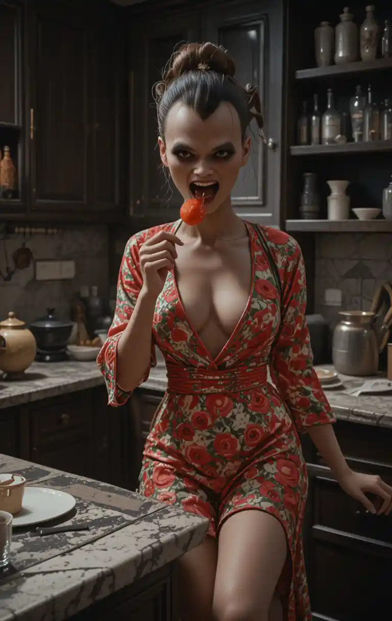 Brunette woman in red floral dress relaxing in kitchen