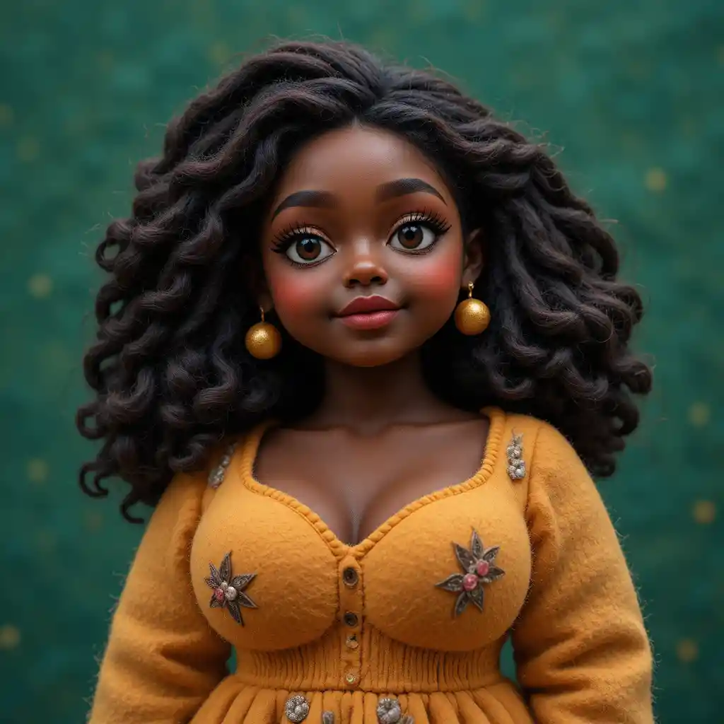 Curvy felt illustration of a beautiful black woman figure