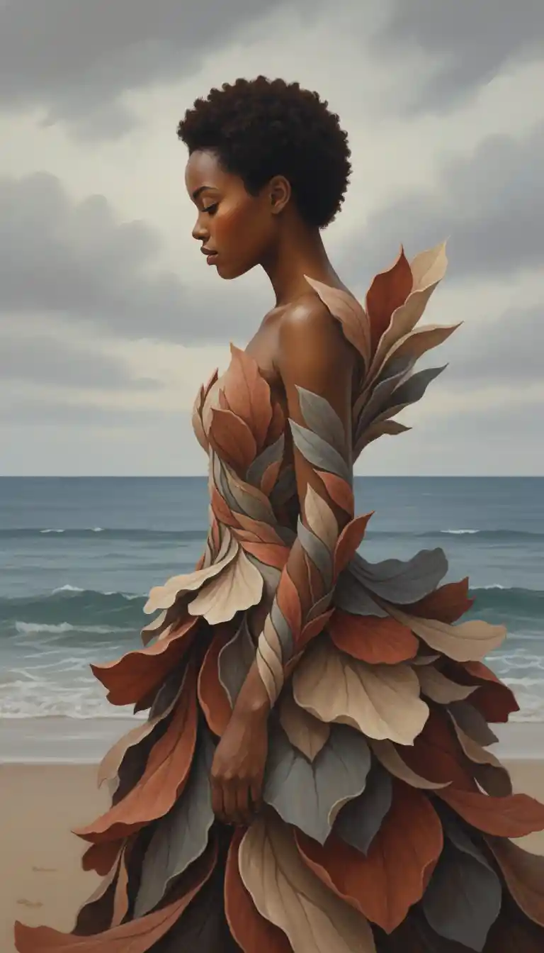 Surreal woman in petal dress standing quietly on the beach