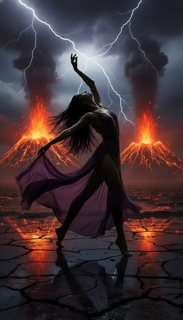 被噴發火山與閃電環繞的舞動女子