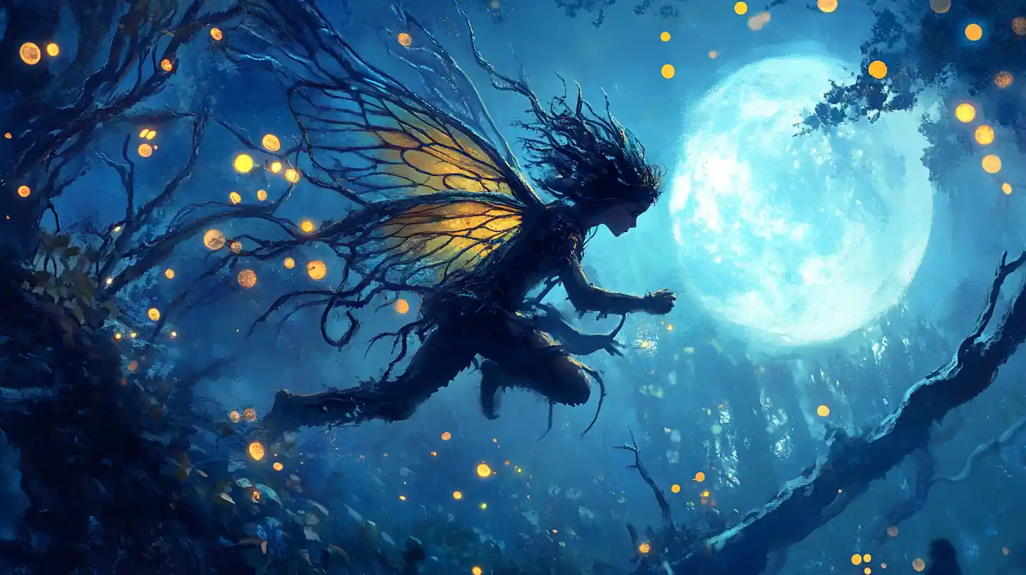 Fairy scout leaping through a moonlit mystical forest