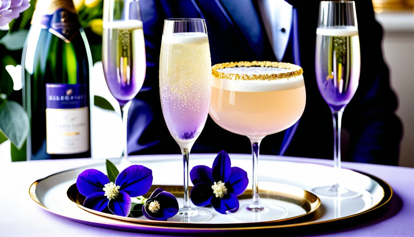 Lavender wedding cocktail in crystal coupe with sugar rim