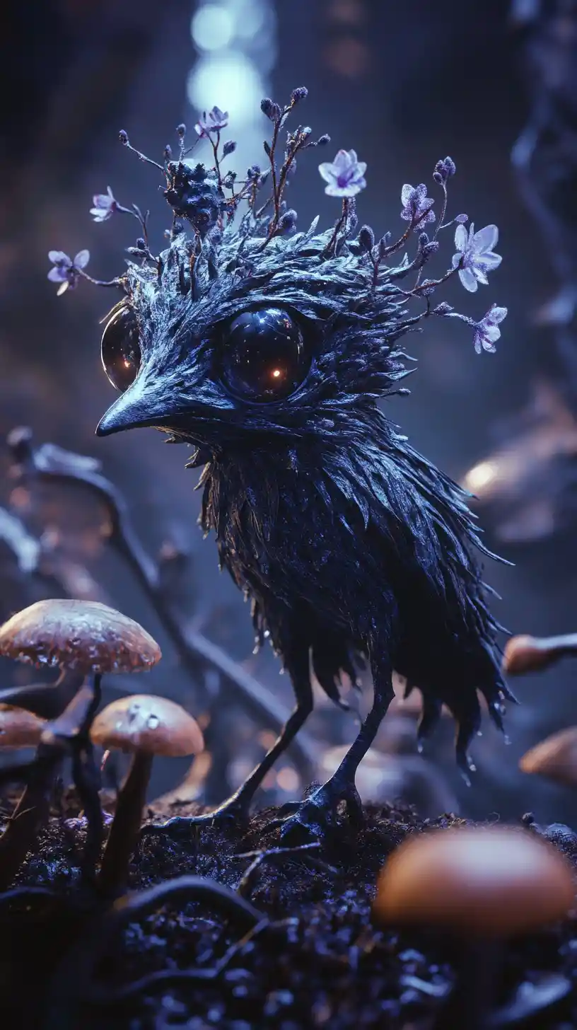 Thorn crowned fantasy creature among glowing forest mushrooms