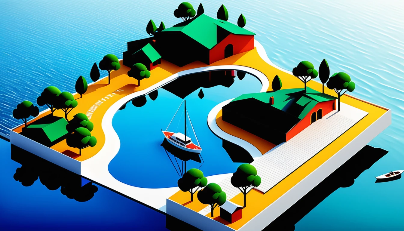 Isometric coastal city diorama on floating travel ticket