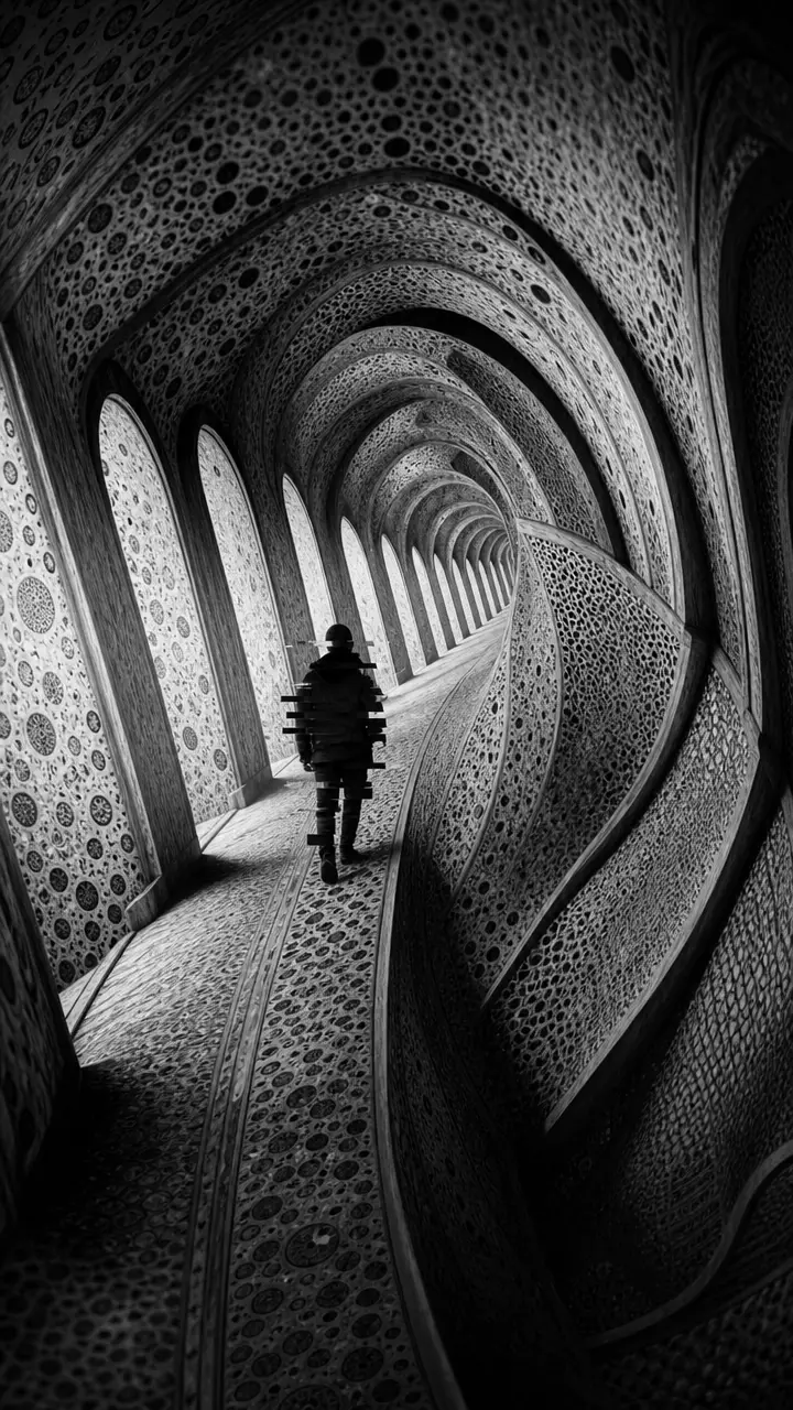Surreal corridor of repeating arches bending in impossible ways