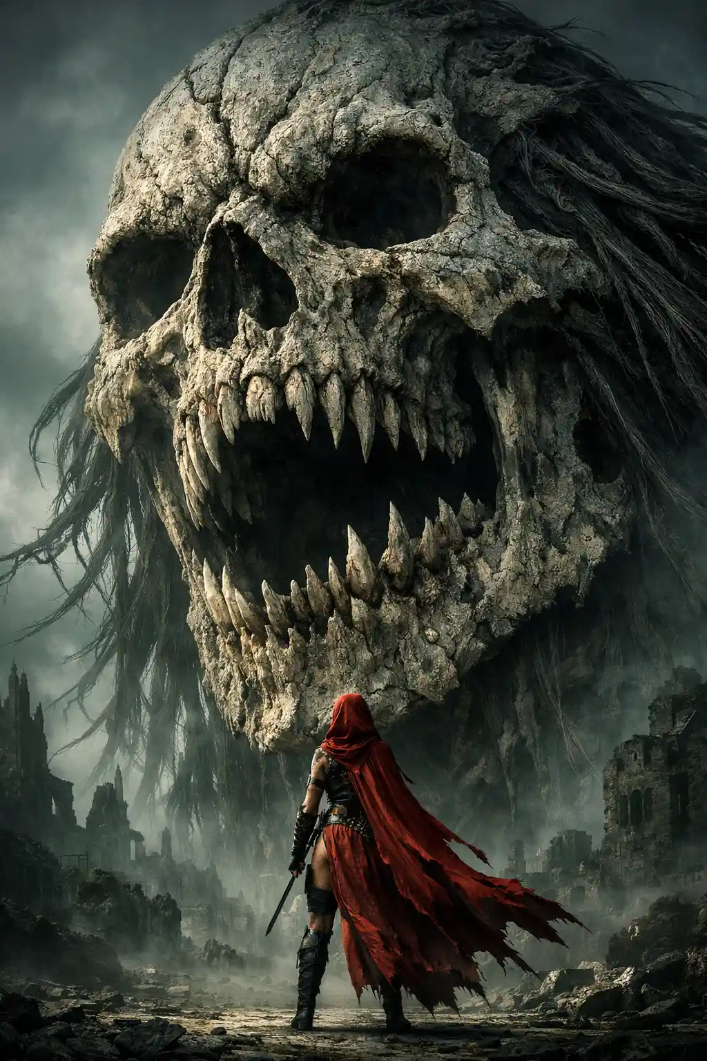 Amazon warrior before colossal skull in ruined city fog