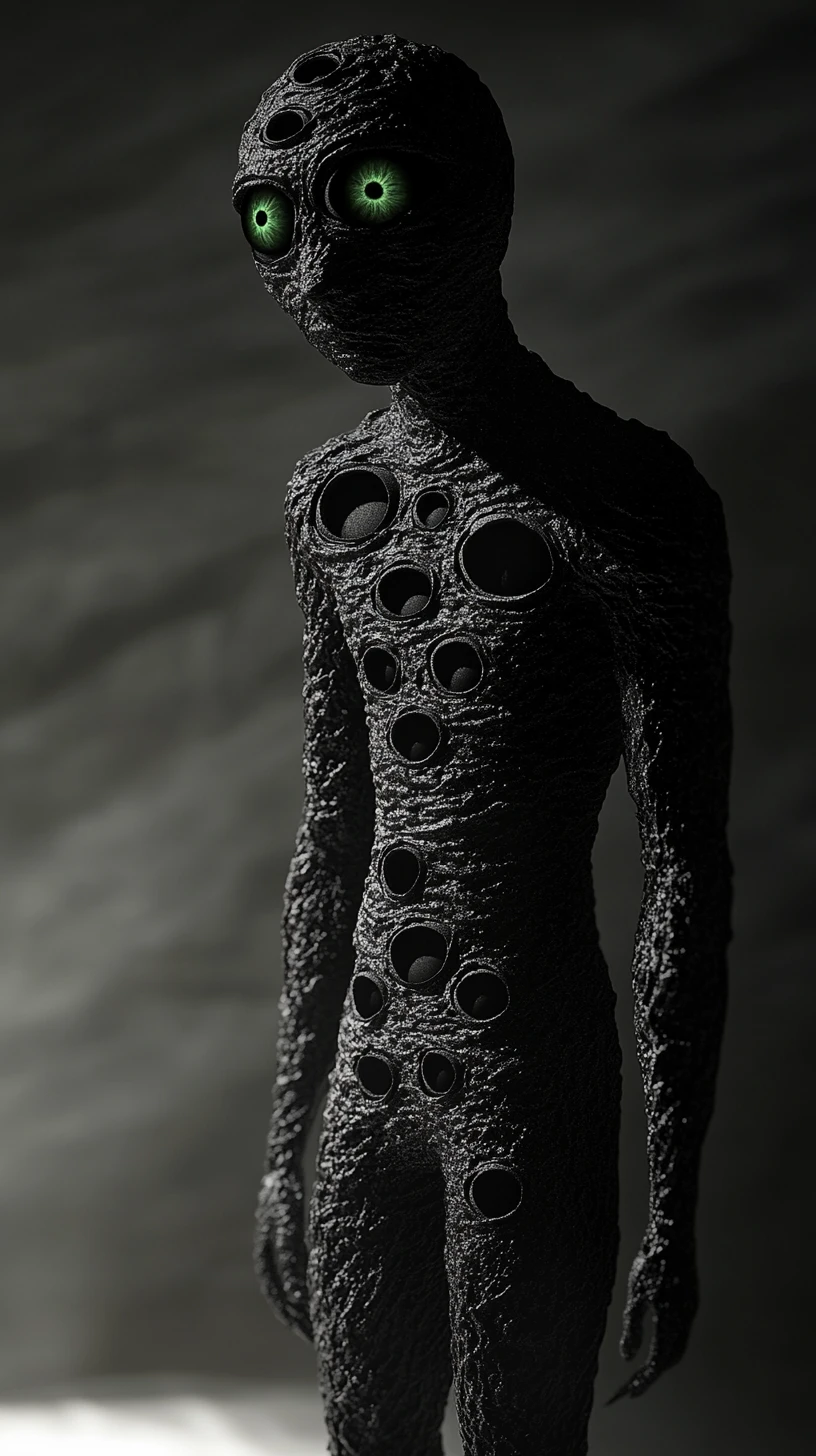 Human figure with emerging eyes standing alone in void