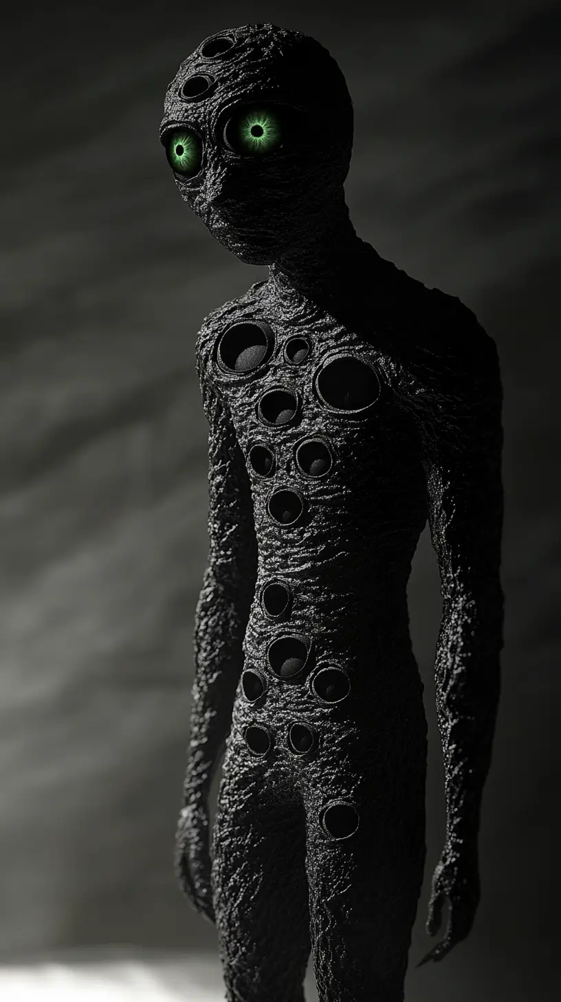 Human figure with emerging eyes standing alone in void