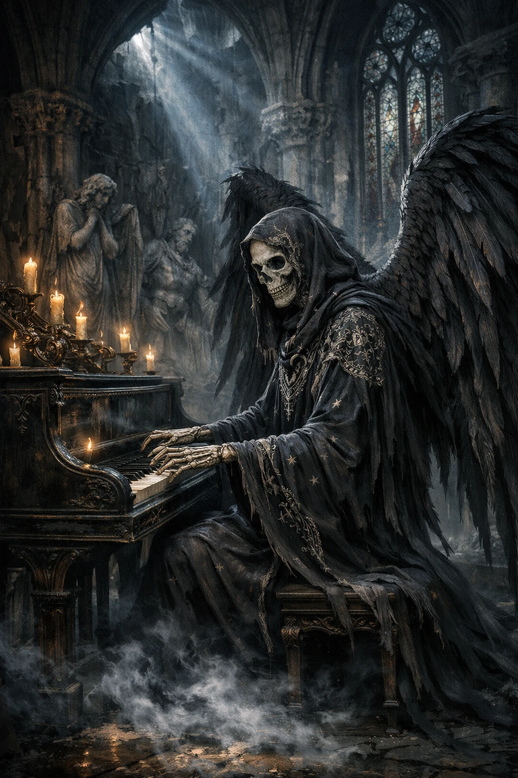 Skeletal Angel Playing Piano In Gothic Cathedral