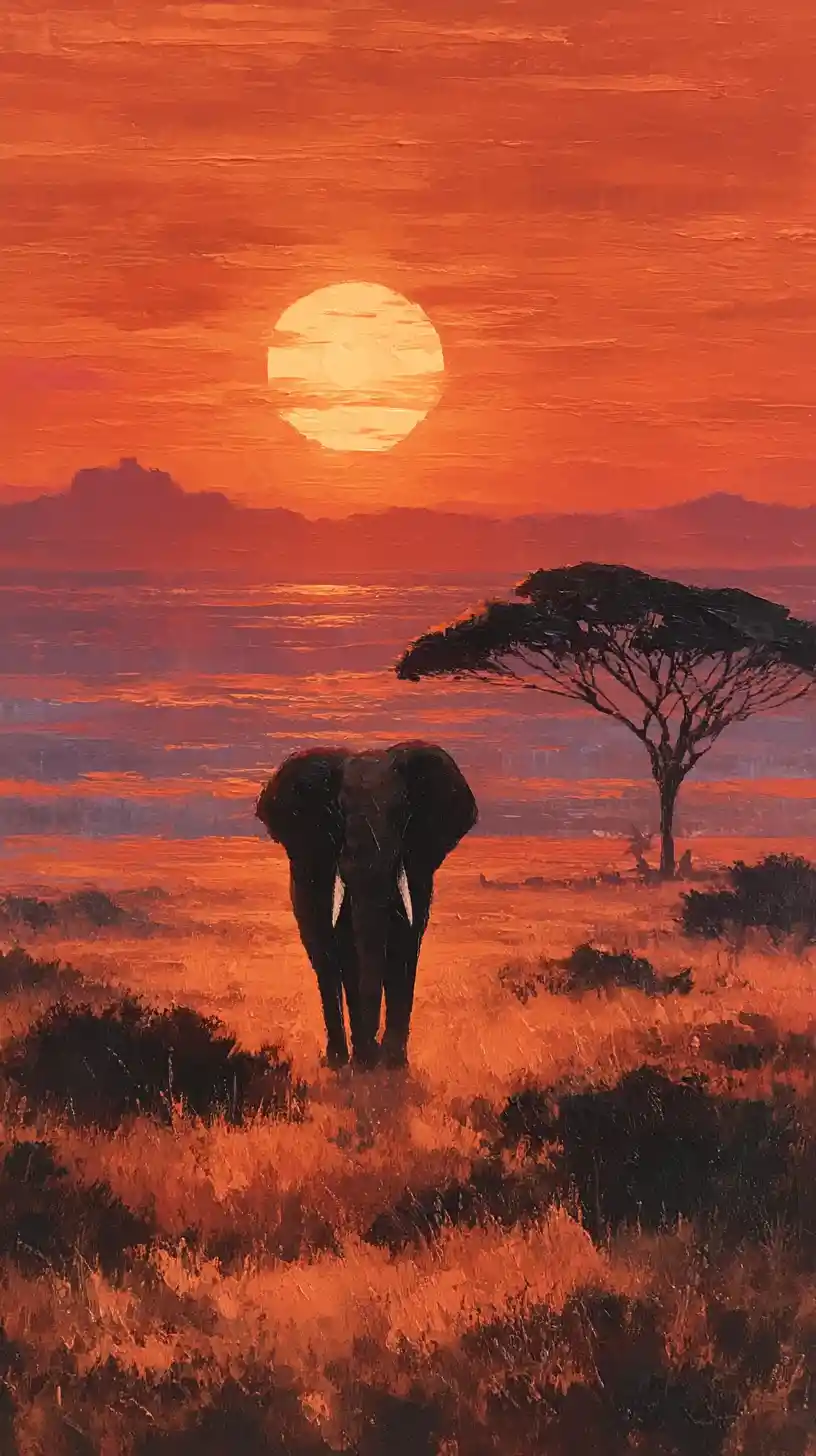 African elephant striding across savanna at vivid sunset