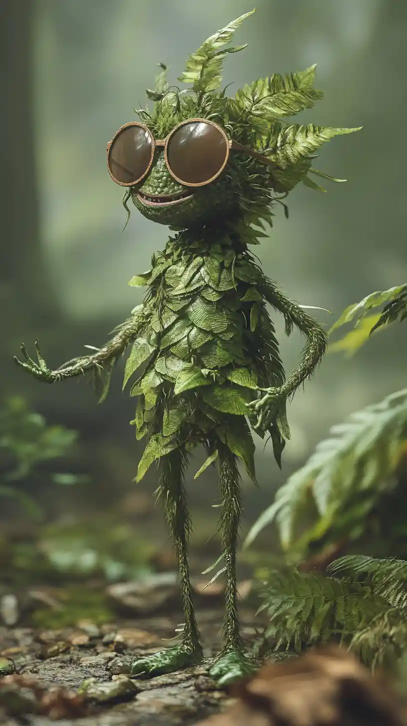 Cartoon fern with sunglasses smiling confidently with limbs