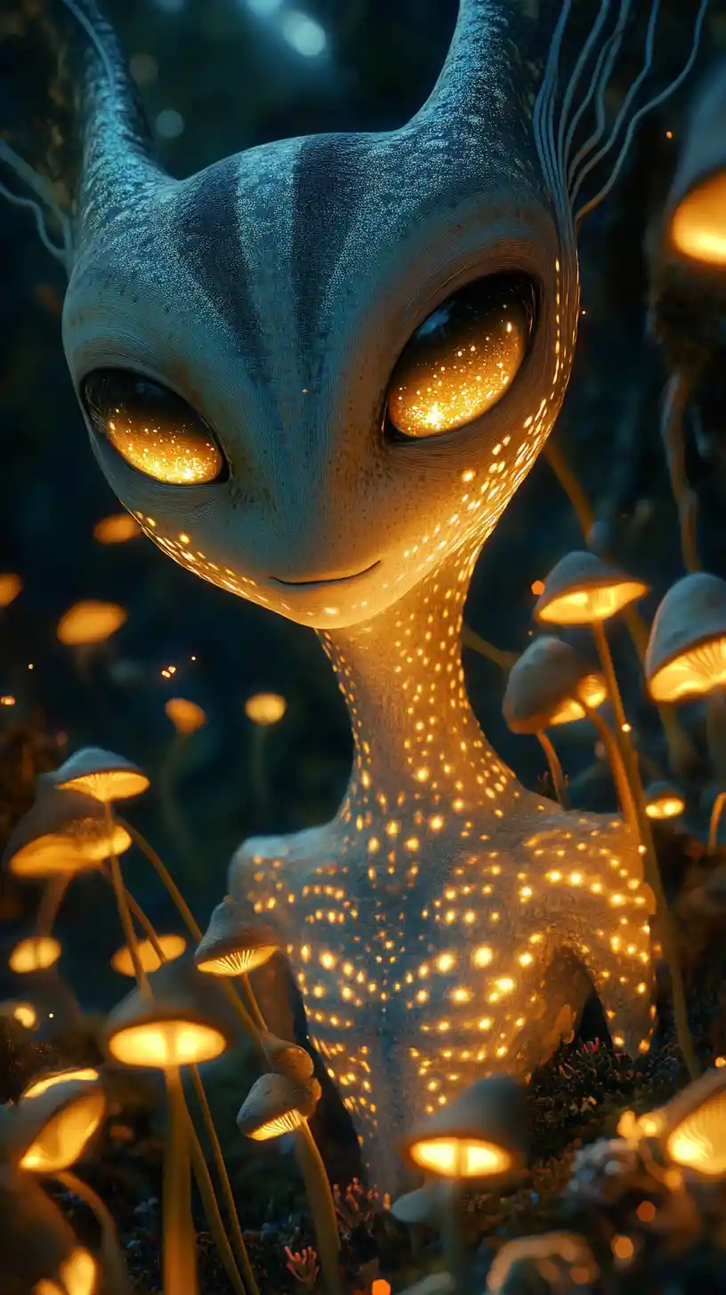 Dreamy alien portrait in a glowing bioluminescent forest