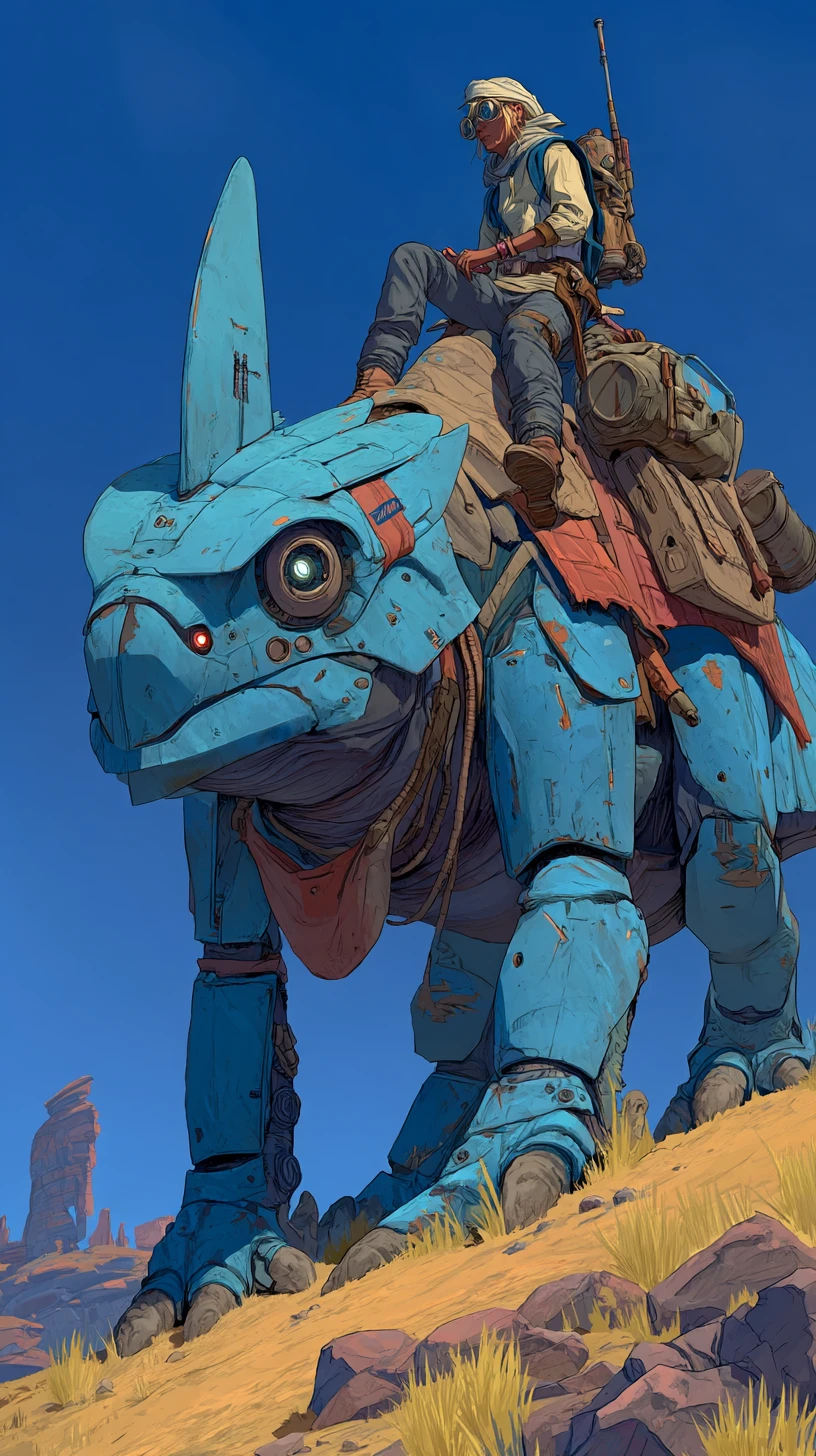 Lone scout riding robotic reptile across desert slope
