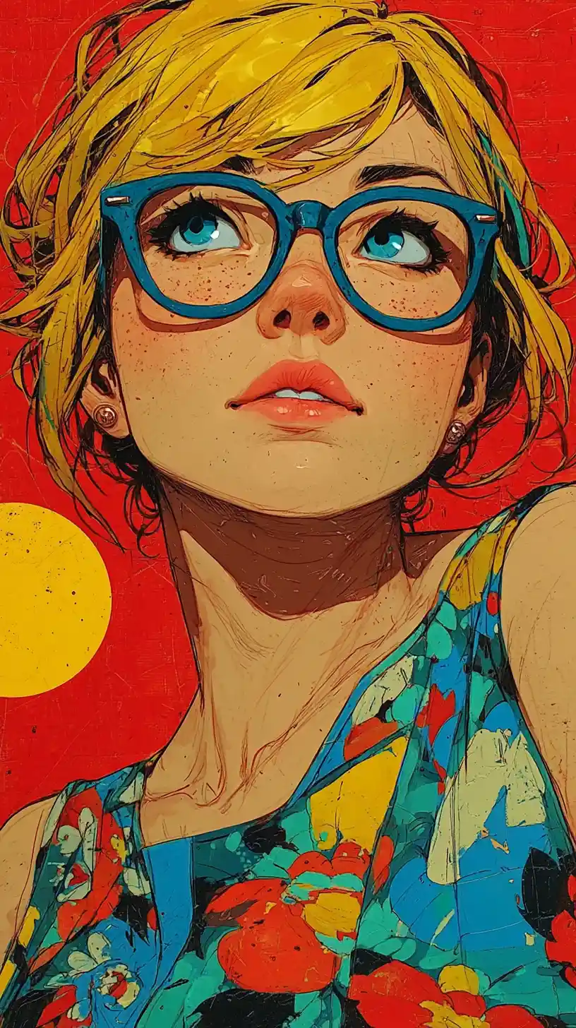 Colorful fantasy portrait of a blonde girl with glasses