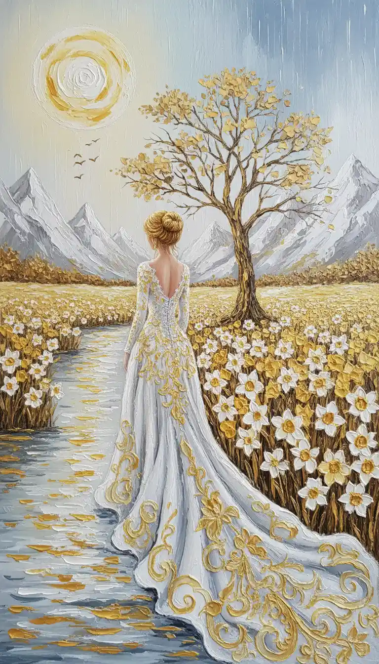Woman in ornate white gown in golden flower field