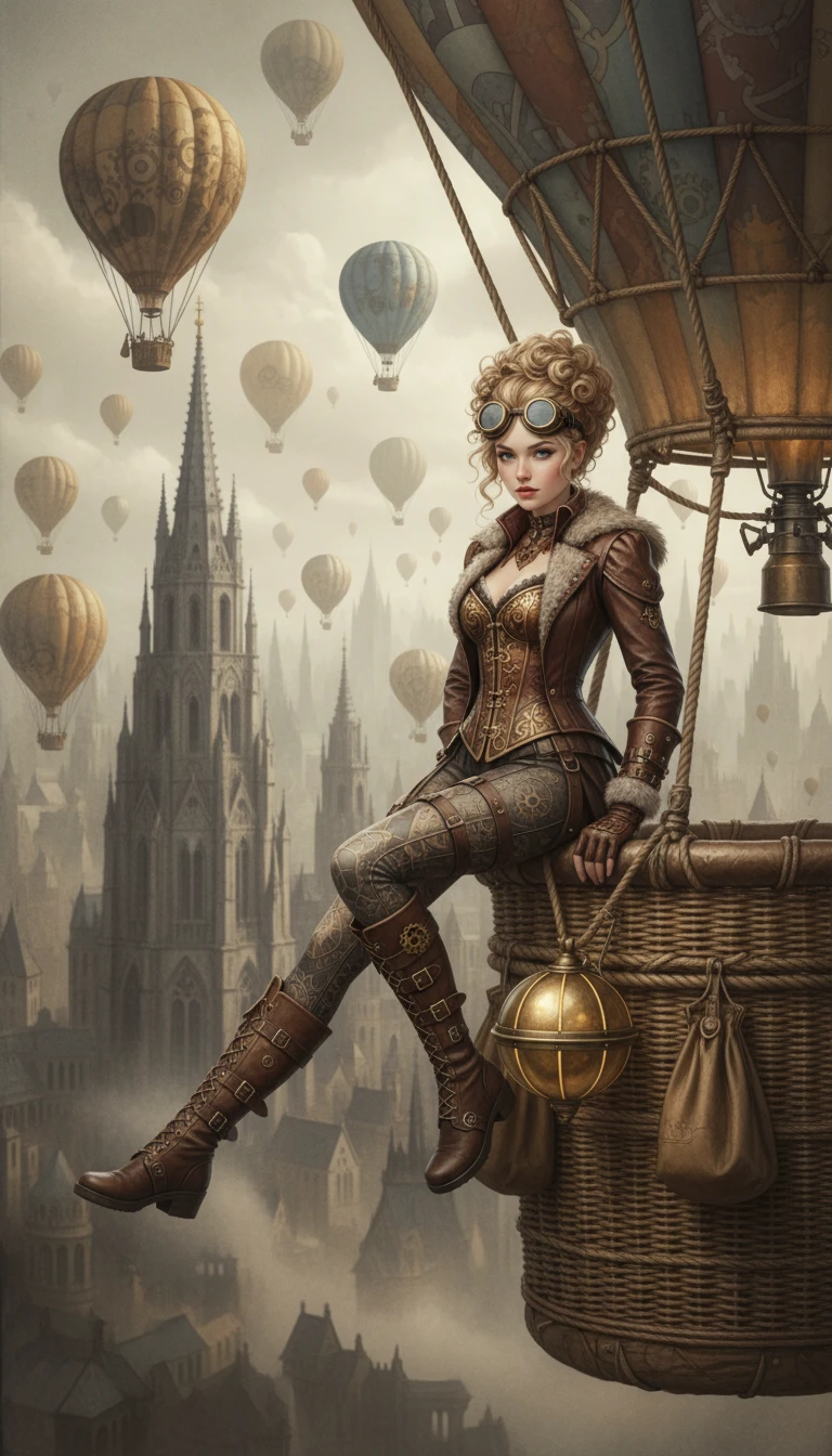 Steampunk woman on a giant balloon over hazy fantasy city