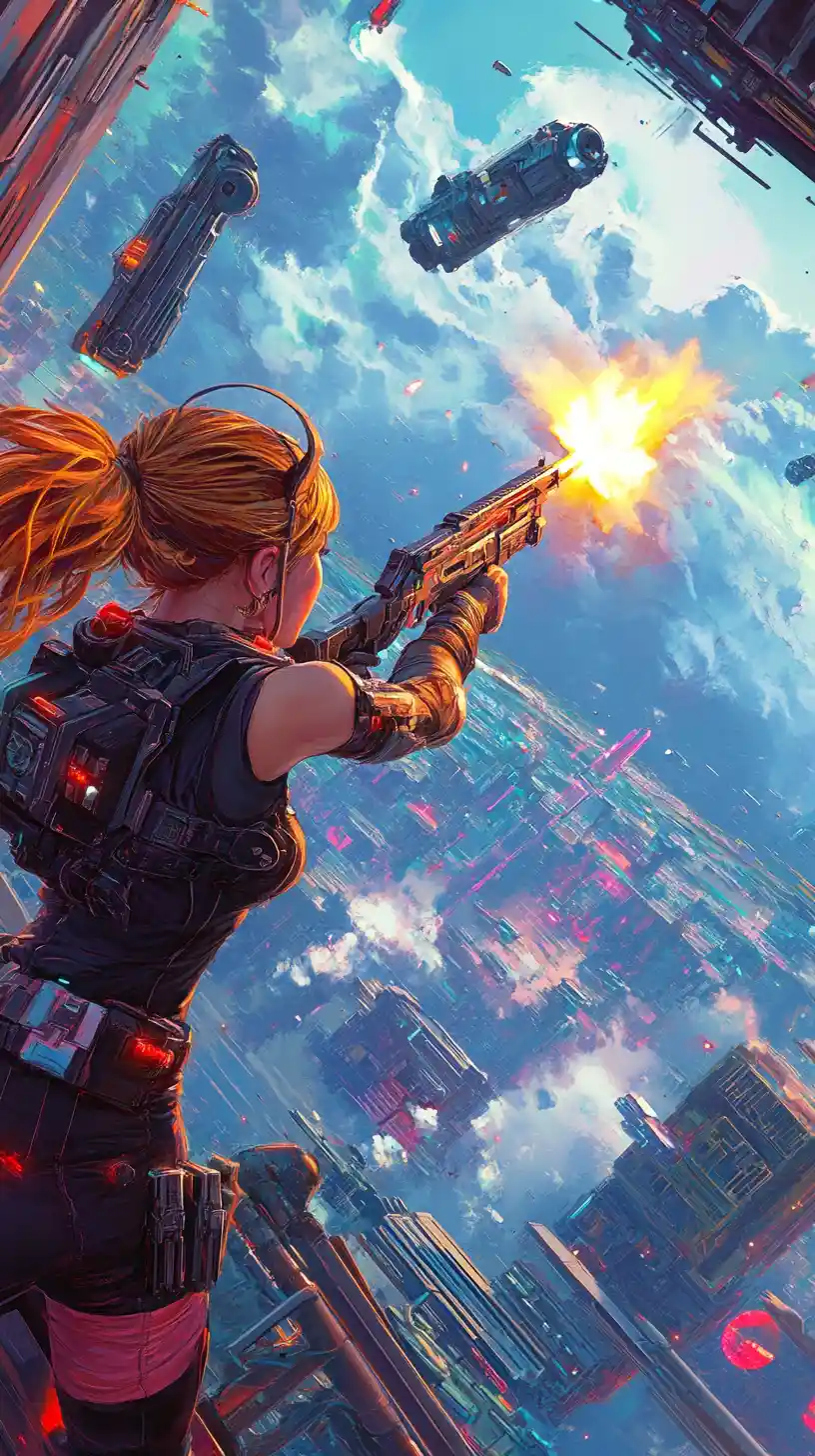 Female bounty hunter aiming her gun in deep space