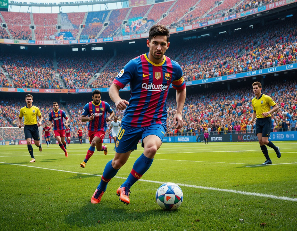 Soccer player in blue jersey dribbling on green field