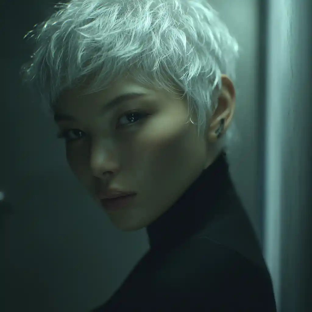Asian girl and granddad in futuristic Los Angeles living room