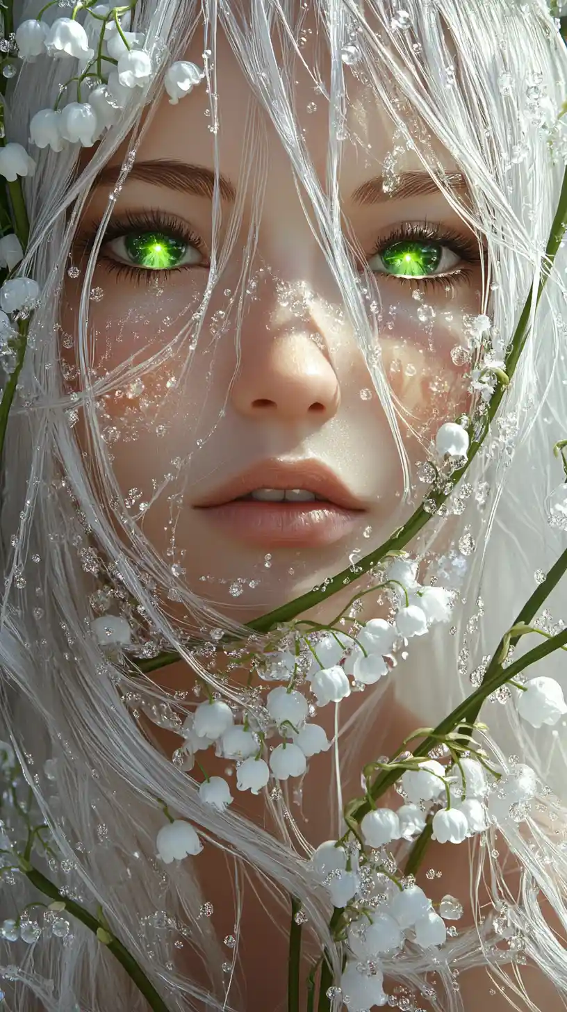 Ethereal white haired woman with flowers and glowing eyes