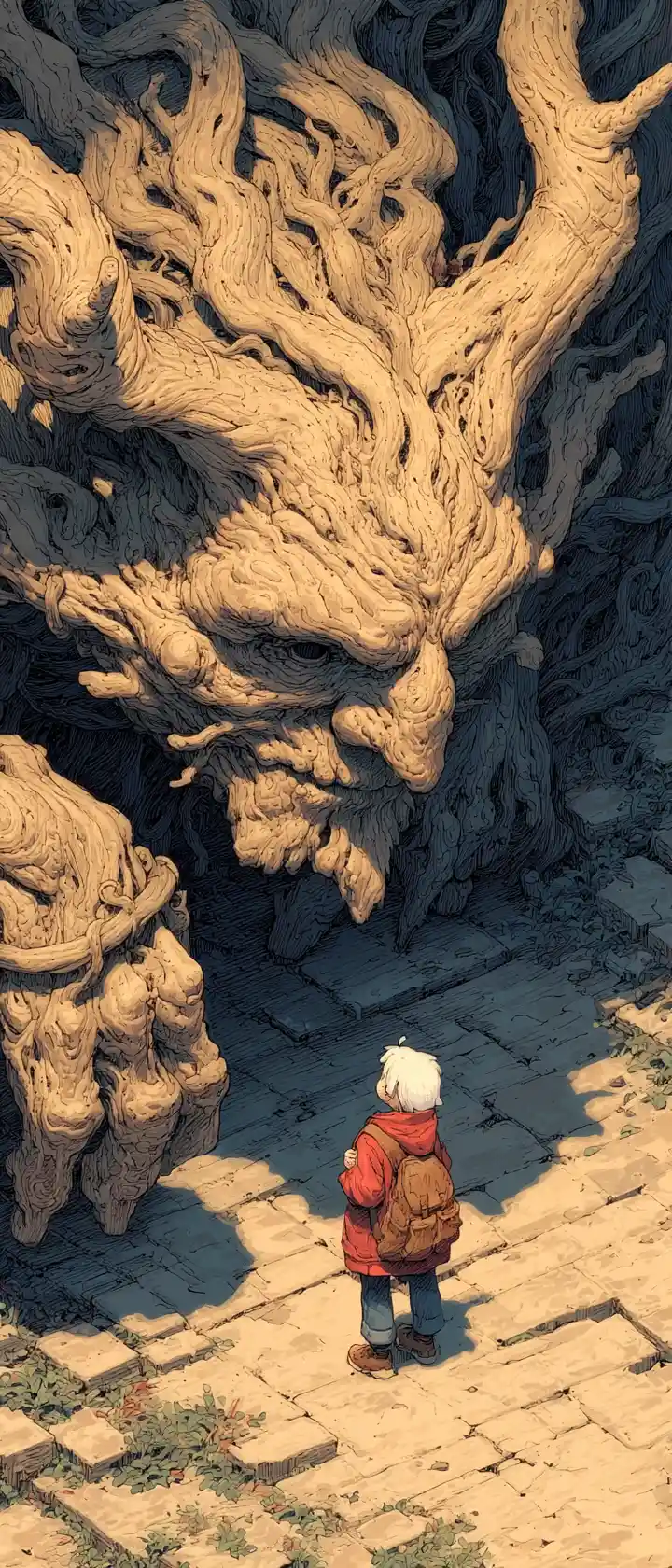 Gentle forest spirit cradling a tiny anime character