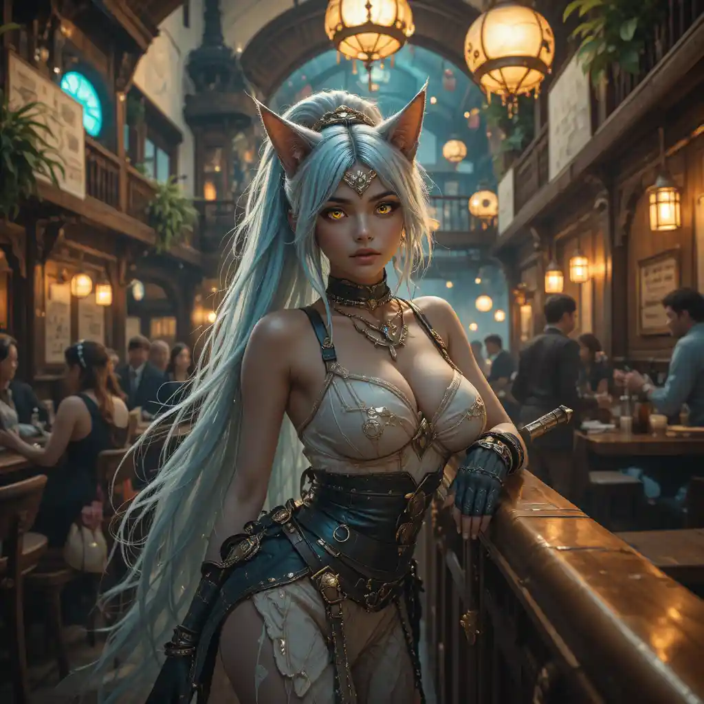 Catgirl warrior in a steampunk tavern with neon lights