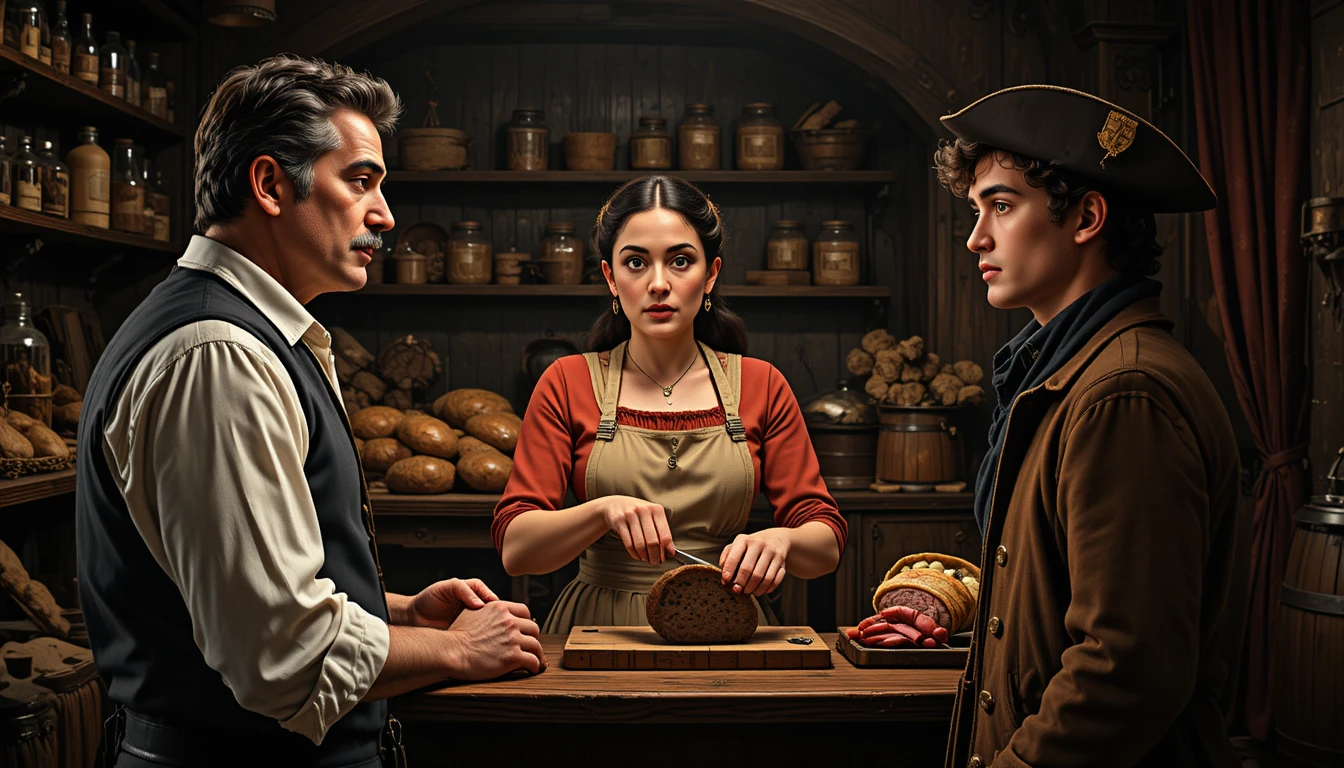 Three people conversing behind a rustic tavern counter