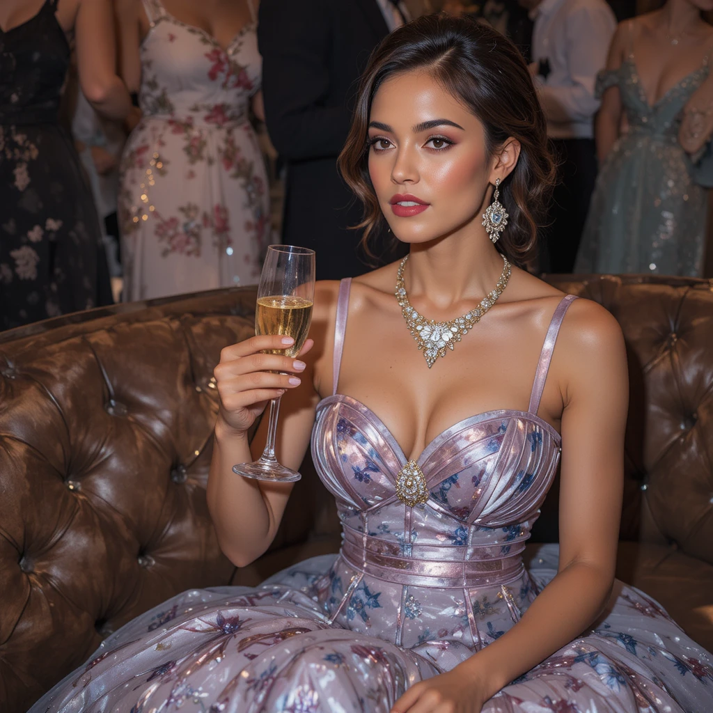 Elegant woman in ball gown with champagne at event