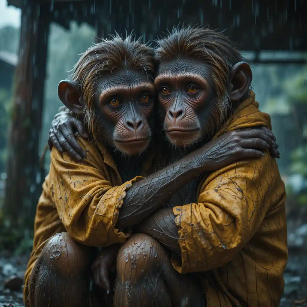 Two monkeys hugging under a broken shelter in rain