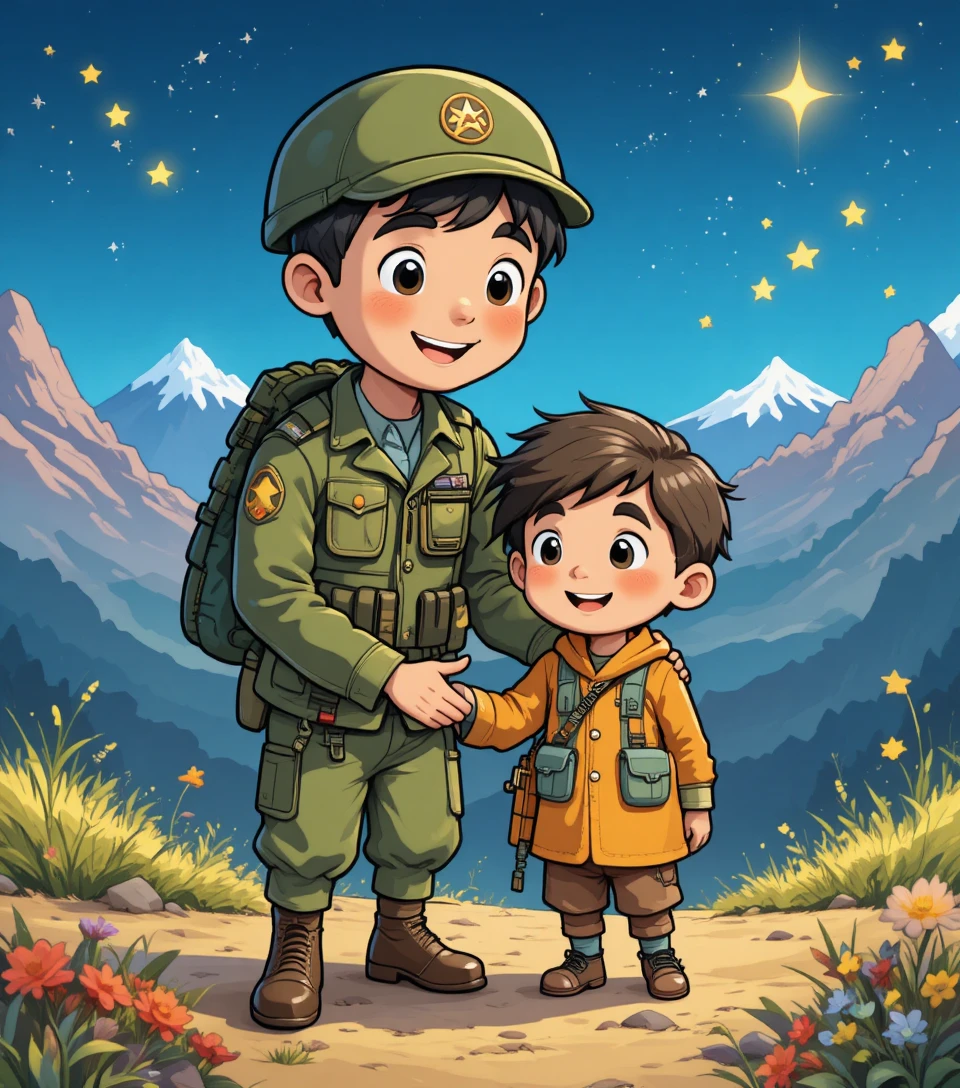 Cartoon soldier kindly helping a lost child in the mountains