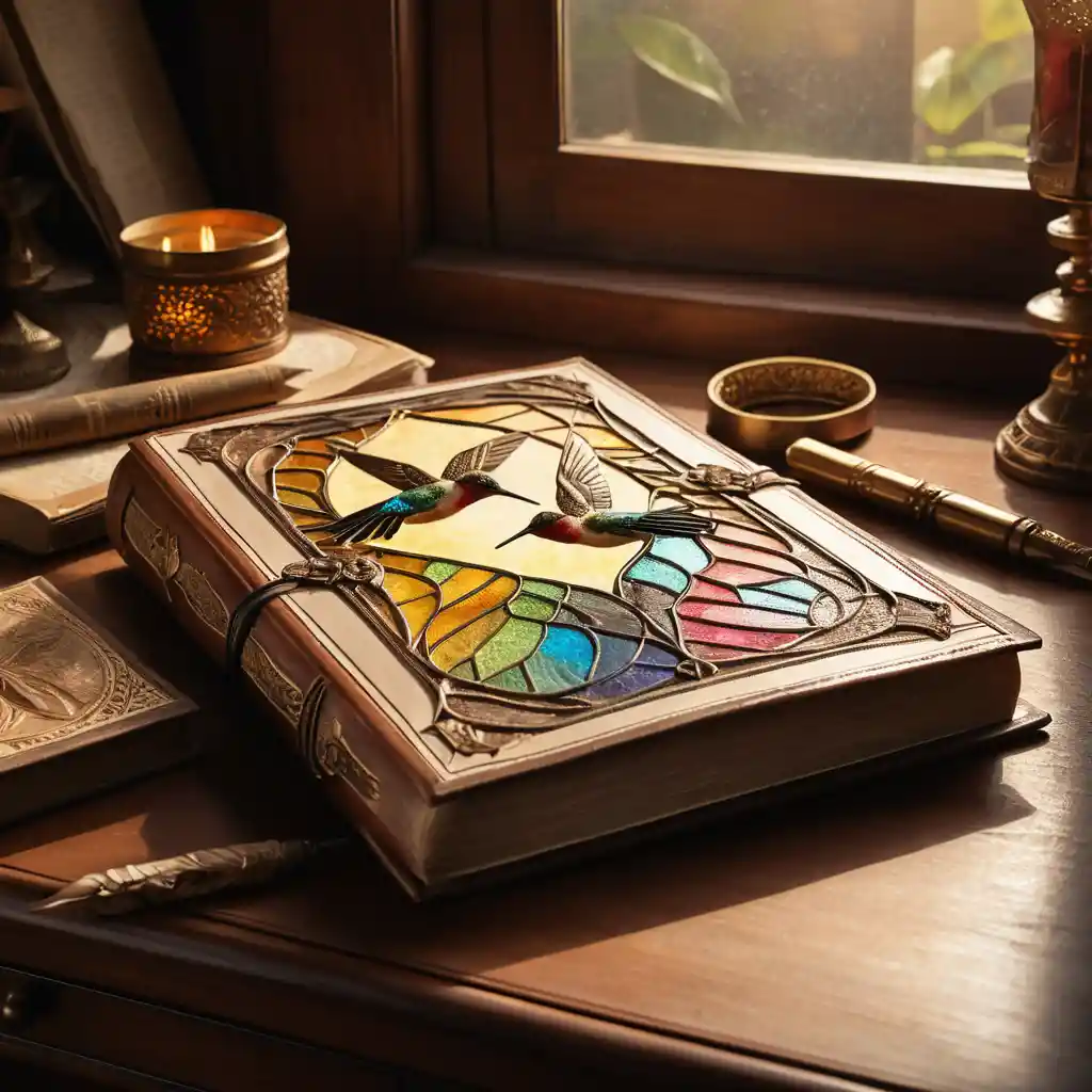 Open vintage book on a dusty mahogany desk in sunlight
